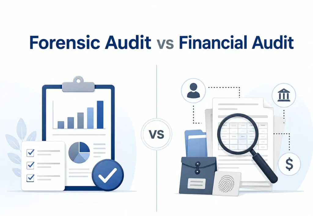 Forensic audit vs financial audit comparison showing financial statement review and fraud investigation evidence