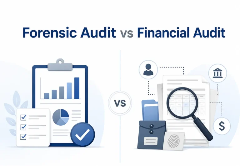Forensic audit vs financial audit comparison showing financial statement review and fraud investigation evidence